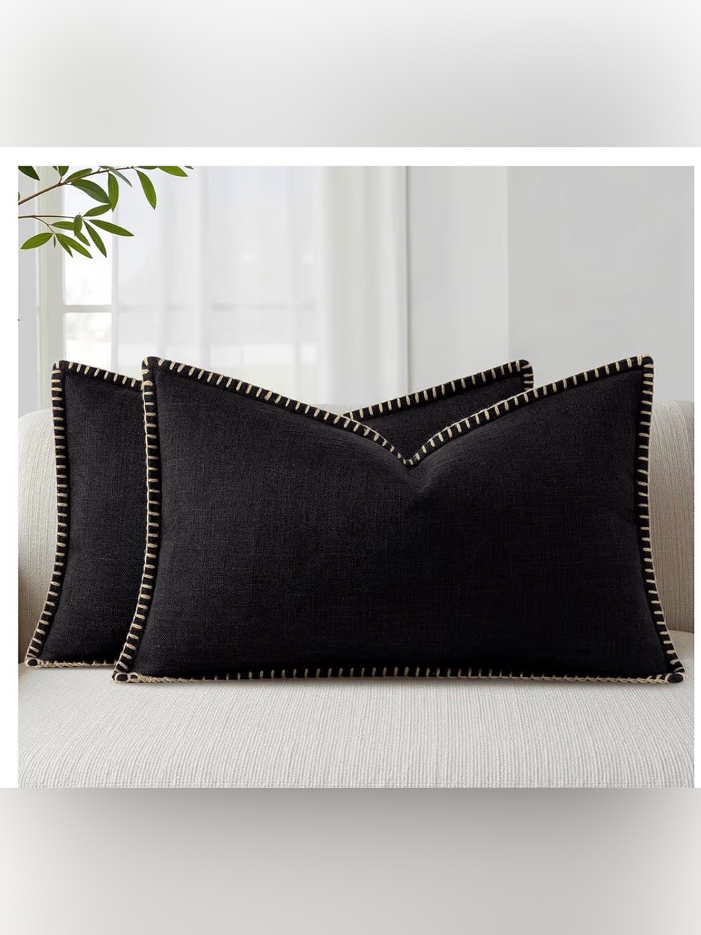 DecorUhome Black Faux Linen Throw Pillow Covers (Set Of 2) 12x20